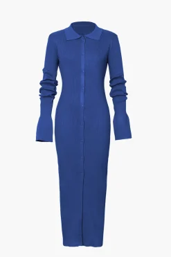 Shell Sleeve Ribbed Buttons Down Maxi Dress