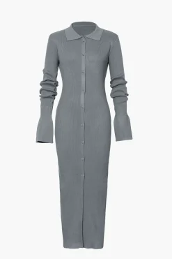 Shell Sleeve Ribbed Buttons Down Maxi Dress