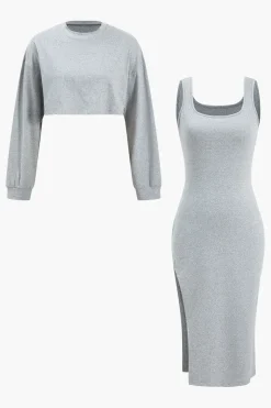 Side Slit Long Sleeve Midi Dress Set