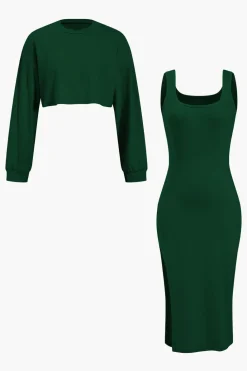 Side Slit Long Sleeve Midi Dress Set