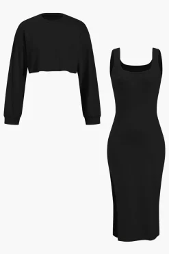 Side Slit Long Sleeve Midi Dress Set