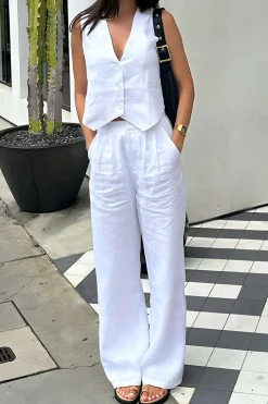 Sleeveless Button Vest And Wide Leg Pants Set