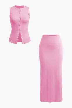 Sleeveless Cardigan And Skirt Set