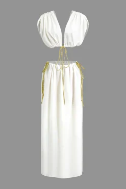 Sleeveless Deep V-Neck Crop Top And Tie Split Maxi Skirt Set