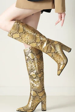Snake Pattern Faux Leather Pointed Toe Knee High Boots