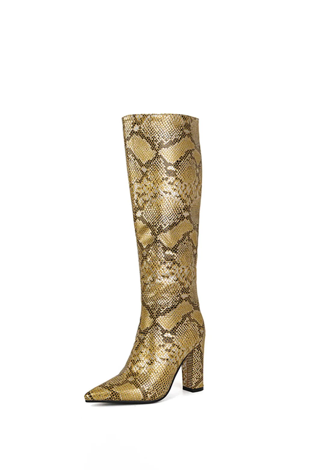 Snake Pattern Faux Leather Pointed Toe Knee High Boots