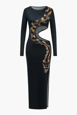 Snake Print Cut Out Long Sleeve Slit Maxi Dress