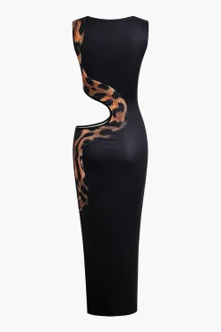 Snake Print Cut Out Sleeveless Slit Maxi Dress