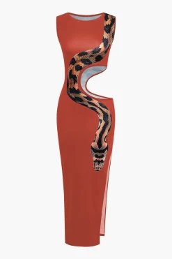 Snake Print Cut Out Sleeveless Slit Maxi Dress
