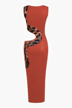 Snake Print Cut Out Sleeveless Slit Maxi Dress