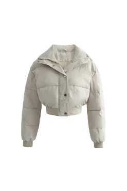 Solid Button Zipper Puffer Outerwear