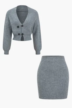 Solid Knit Button V-neck Top And Mini Skirt Set