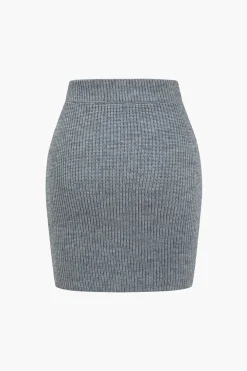 Solid Knit Button V-neck Top And Mini Skirt Set