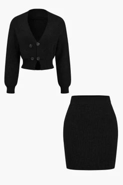 Solid Knit Button V-neck Top And Mini Skirt Set