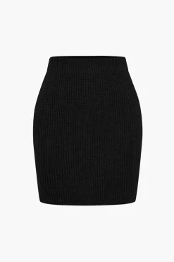 Solid Knit Button V-neck Top And Mini Skirt Set