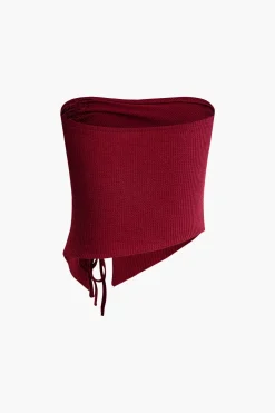 Solid Asymmetrical Drawstring Slit Tube Top
