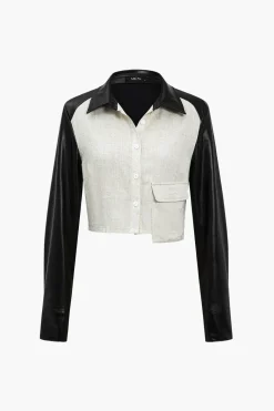 Solid Asymmetrical Faux Leather Patchwork Pocket Long-Sleeve Shirt