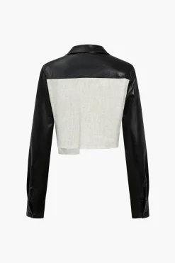 Solid Asymmetrical Faux Leather Patchwork Pocket Long-Sleeve Shirt