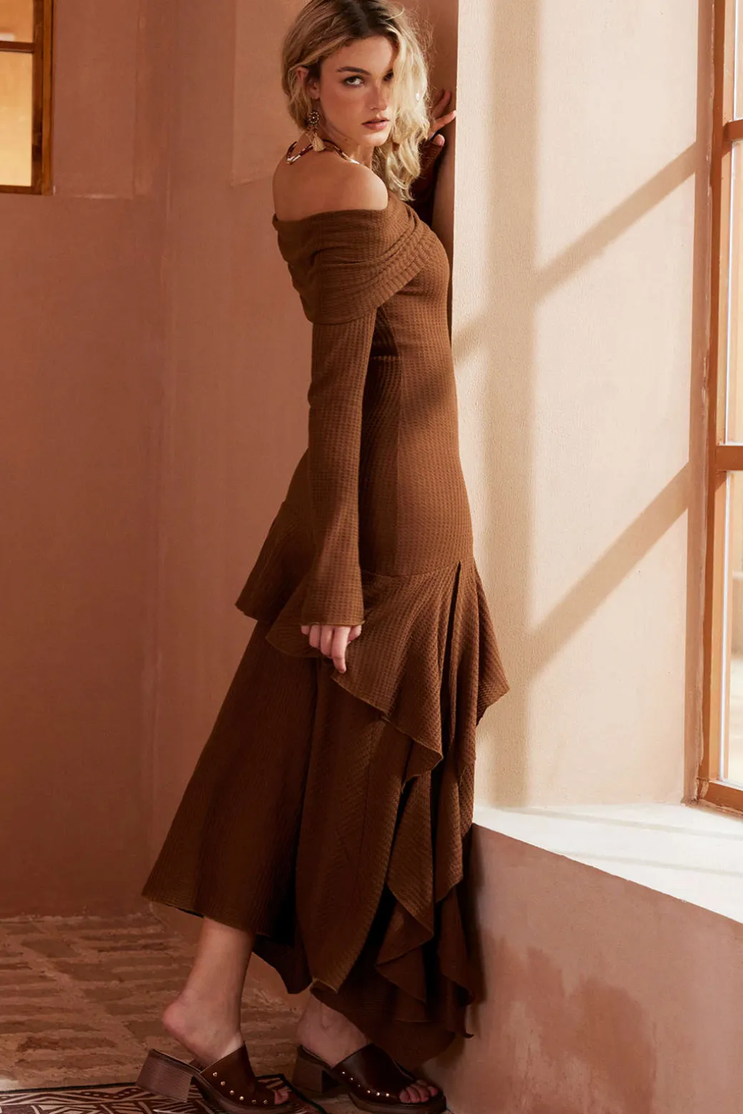 Solid Asymmetrical Off Shoulder Maxi Dress