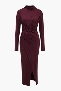Solid Asymmetrical Ruched Slit Long-Sleeve Maxi Dress