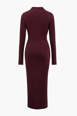 Solid Asymmetrical Ruched Slit Long-Sleeve Maxi Dress
