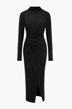 Solid Asymmetrical Ruched Slit Long-Sleeve Maxi Dress