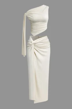 Solid Asymmetrical Top And Twist Slit Skirt Set