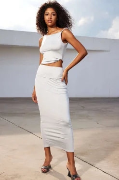 Solid Asymmetrical Twist Knot Top And Midi Skirt Set