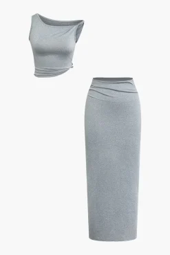 Solid Asymmetrical Twist Knot Top And Midi Skirt Set