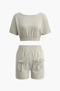 Solid Backless Bow Knotted Short Set