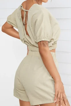 Solid Backless Bow Knotted Short Set
