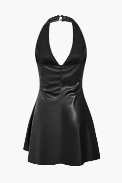 Solid Backless Halter Faux Leather Mini Dress