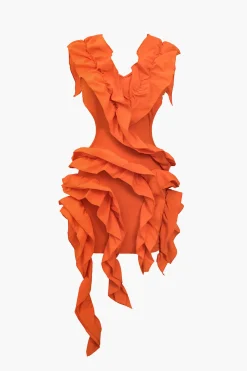 Solid Backless Pleated Ruffle Midi Dress