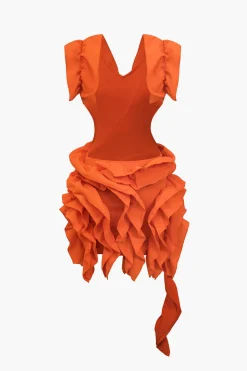 Solid Backless Pleated Ruffle Midi Dress