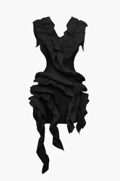 Solid Backless Pleated Ruffle Midi Dress
