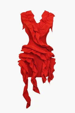 Solid Backless Pleated Ruffle Midi Dress