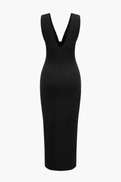 Solid Backless Ruched Slit Midi Dress