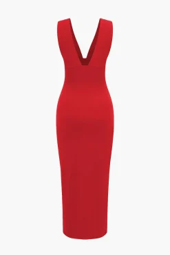 Solid Backless Ruched Slit Midi Dress