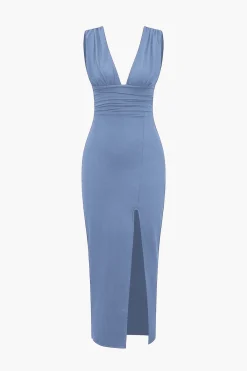 Solid Backless Ruched Slit Midi Dress