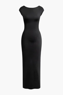 Solid Backless Short Sleeve Maxi Dress