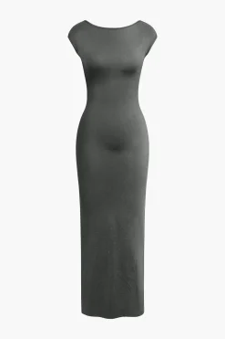 Solid Backless Short Sleeve Maxi Dress
