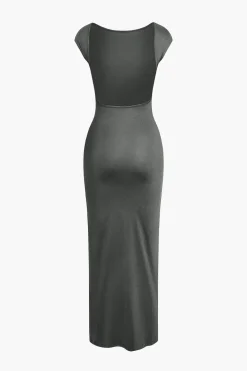 Solid Backless Short Sleeve Maxi Dress