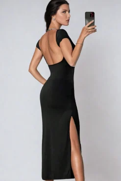 Solid Backless Short Sleeve Maxi Dress