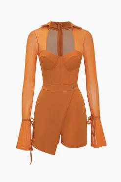 Solid Bell Sleeves Contrast Mesh Bustier Zipper Romper