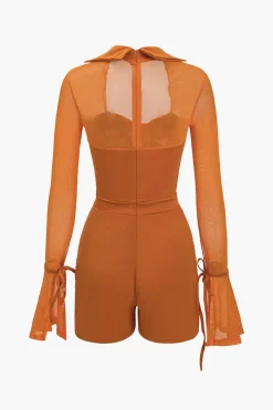 Solid Bell Sleeves Contrast Mesh Bustier Zipper Romper