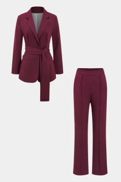 Solid Belt Blazer And Pants Set