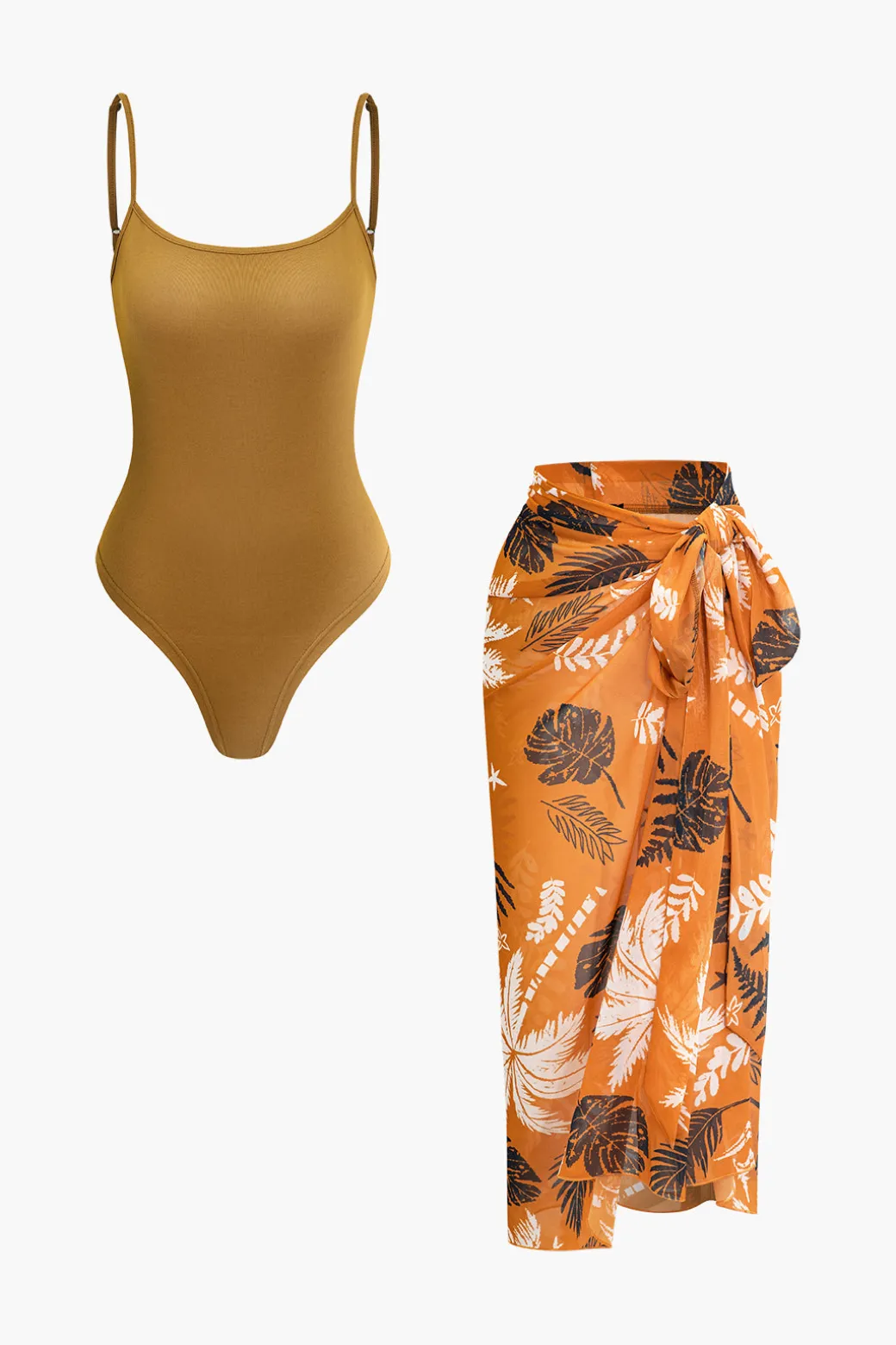 Solid Bodysuit And Leaves Print Knot Wrap Skirt Set