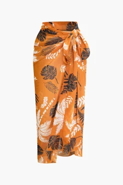 Solid Bodysuit And Leaves Print Knot Wrap Skirt Set