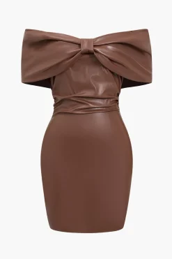 Solid Bow Faux Leather Off Shoulder Mini Dress