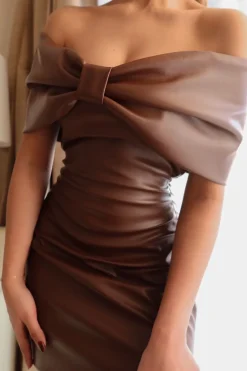Solid Bow Faux Leather Off Shoulder Mini Dress